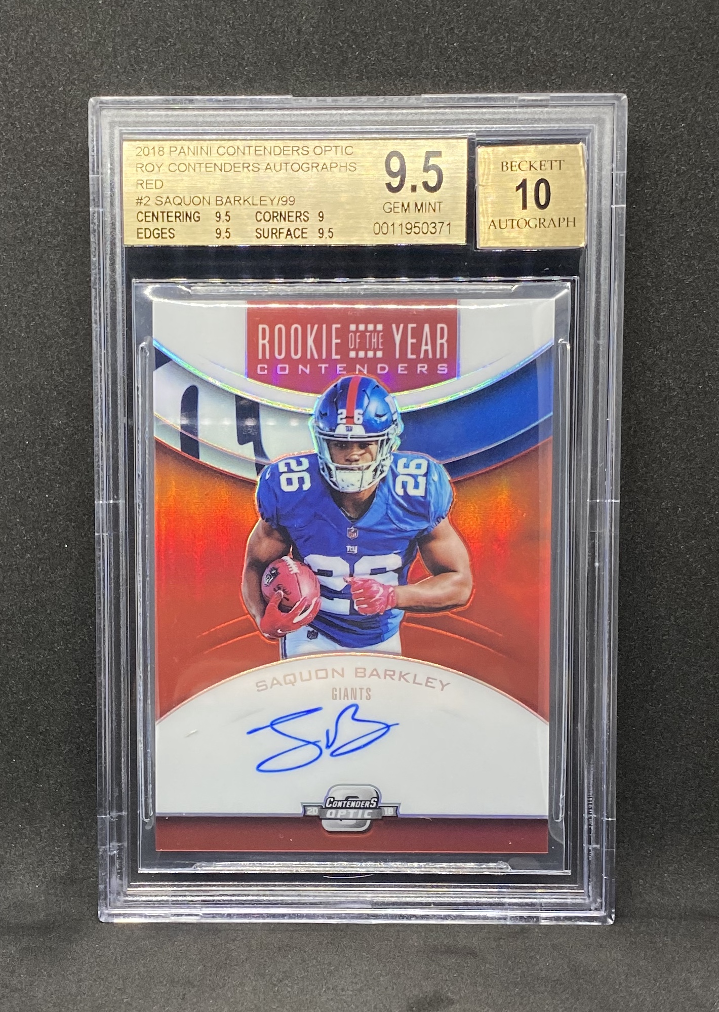 2018 Panini Contenders Optic Rookie of the Year Contenders Autographs Red #2 Saquon Barkley/99 BGS 9.5/10