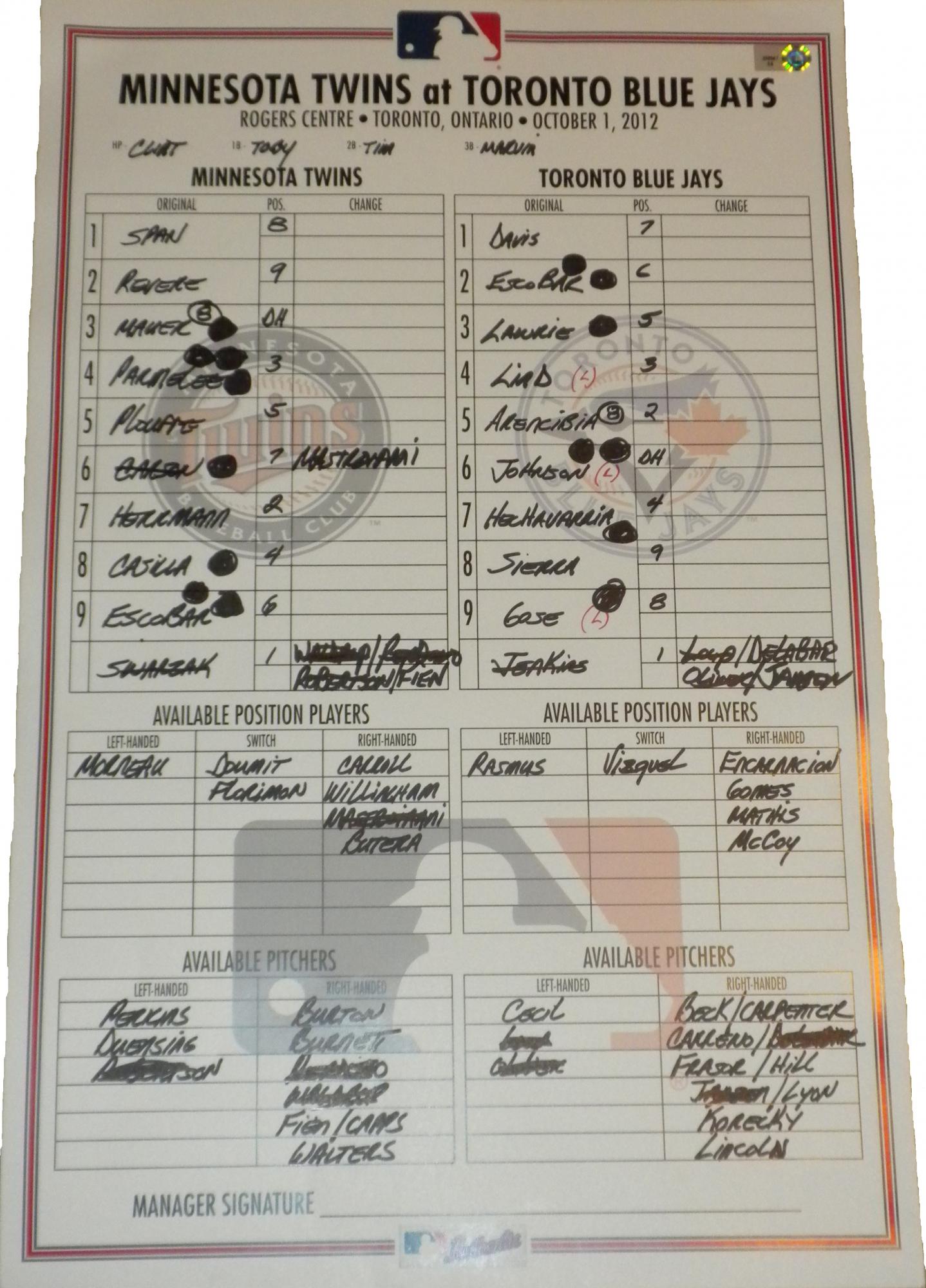 Game Used Lineup Card October 2, 2012